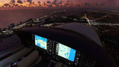 3D aerial view of private airplane cockpit over Miami Florida USA