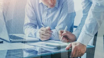 team of business people working together in the office, teamwork background banner, double exposure